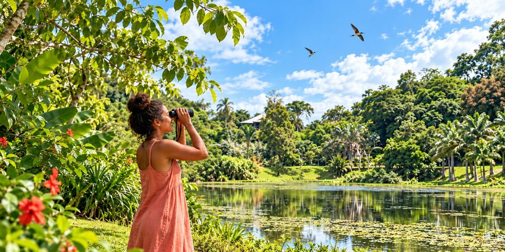 A guest birdwatching beside La Vega Estate's lake