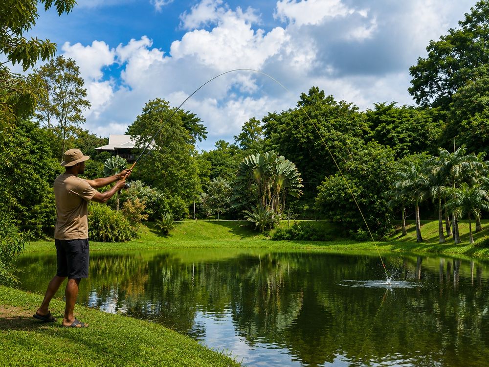 A guest fishing at La Vega Estate's lake
