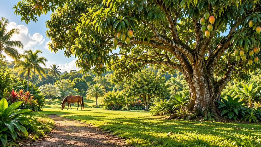 A horse grazing beneath a mango tree at La Vega Estate