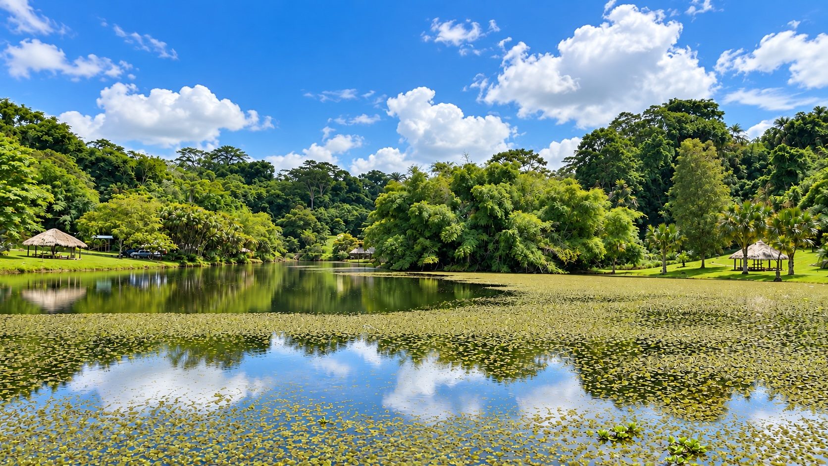 Golden hour over the lakes and gardens of La Vega Estate