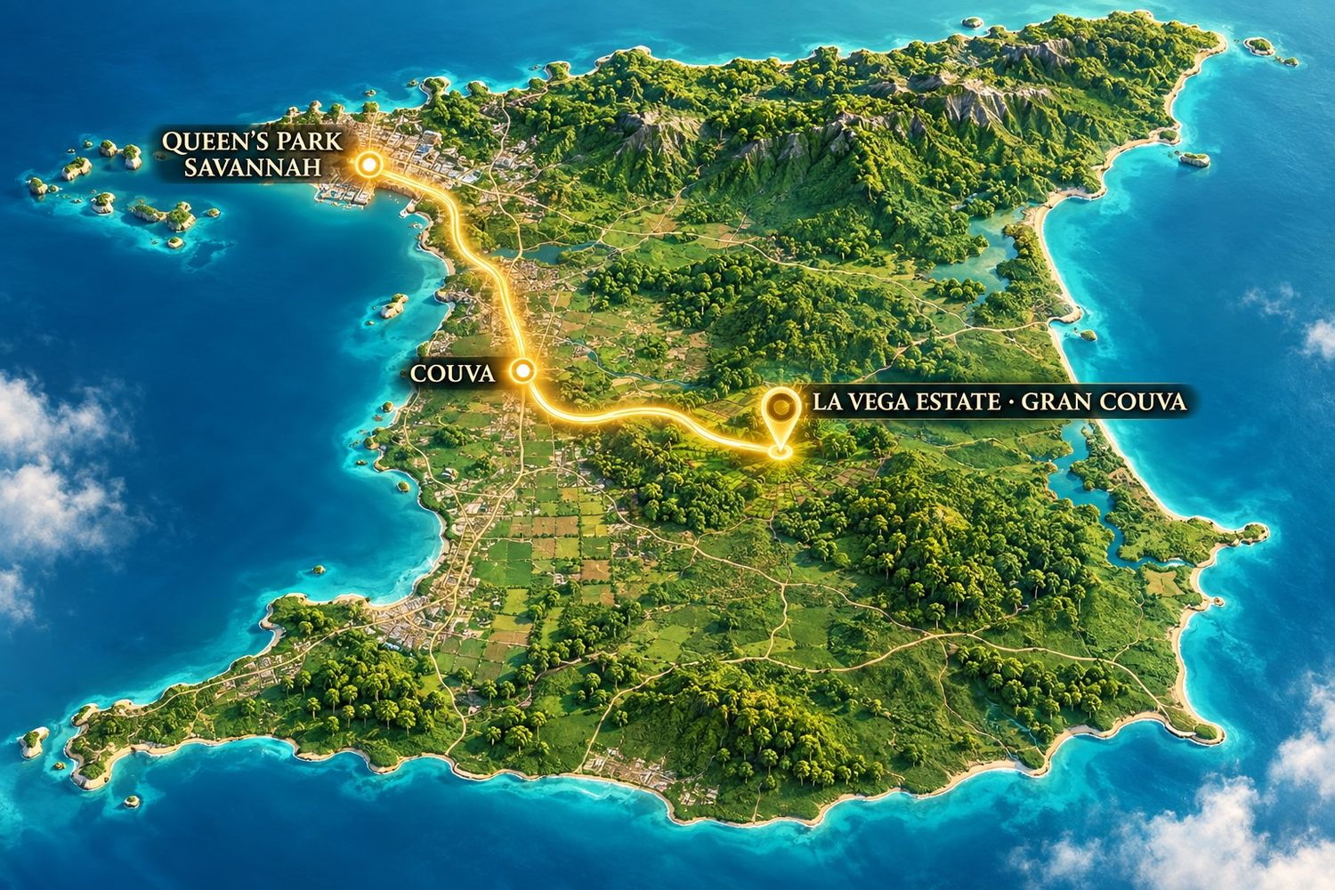 Route map from Queen's Park Savannah to La Vega Estate, Gran Couva
