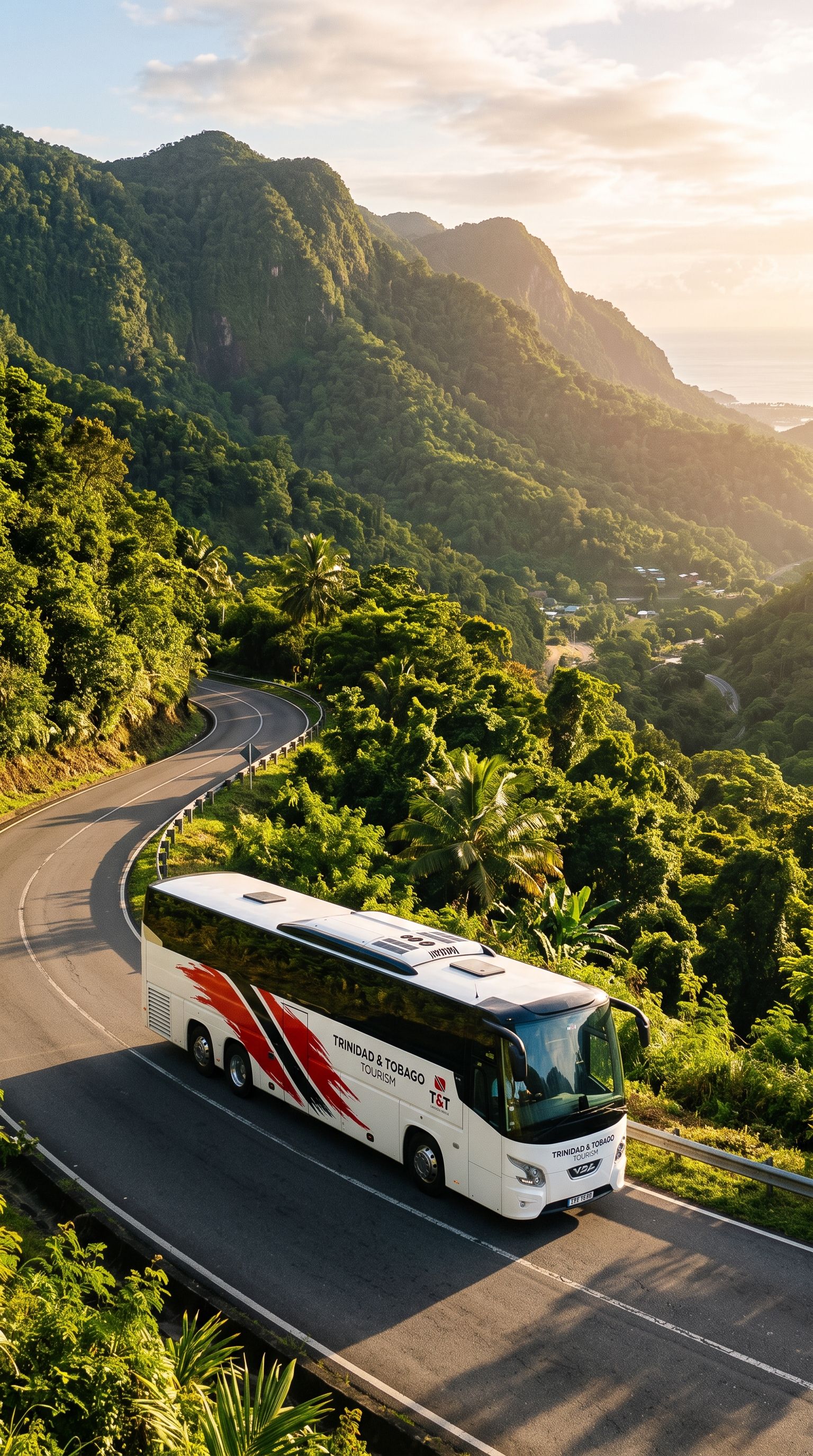 VIP coach winding through Trinidad's central hills